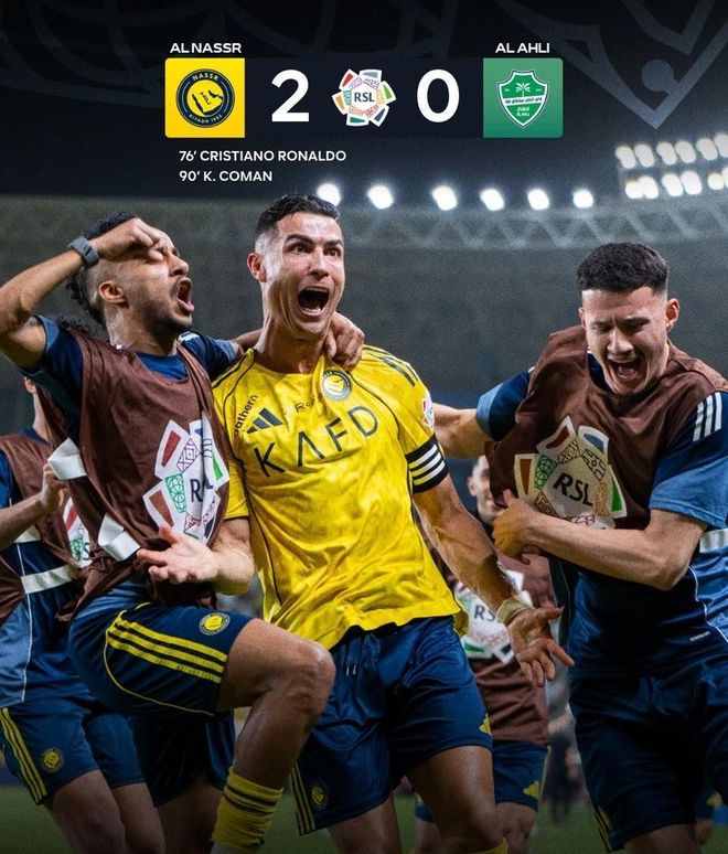 C罗头槌破门独造两球，助球队2-0掀翻亚冠冠军，个人职业生涯总进球数突破970大关，联赛豪取16连胜以8分优势强势领跑积分榜